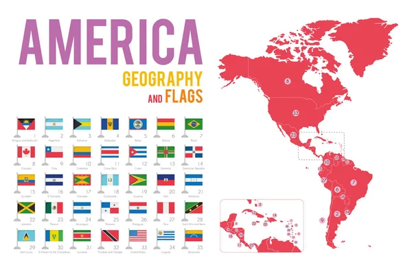 Uppsättning Flaggor Amerika Isolerad Vit Bakgrund Och Karta Över Amerika — Stock vektor