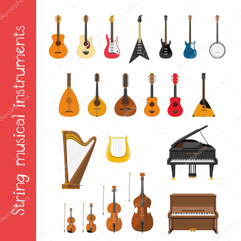 Vector illustration set of string musical instruments in cartoon style isolated on white background