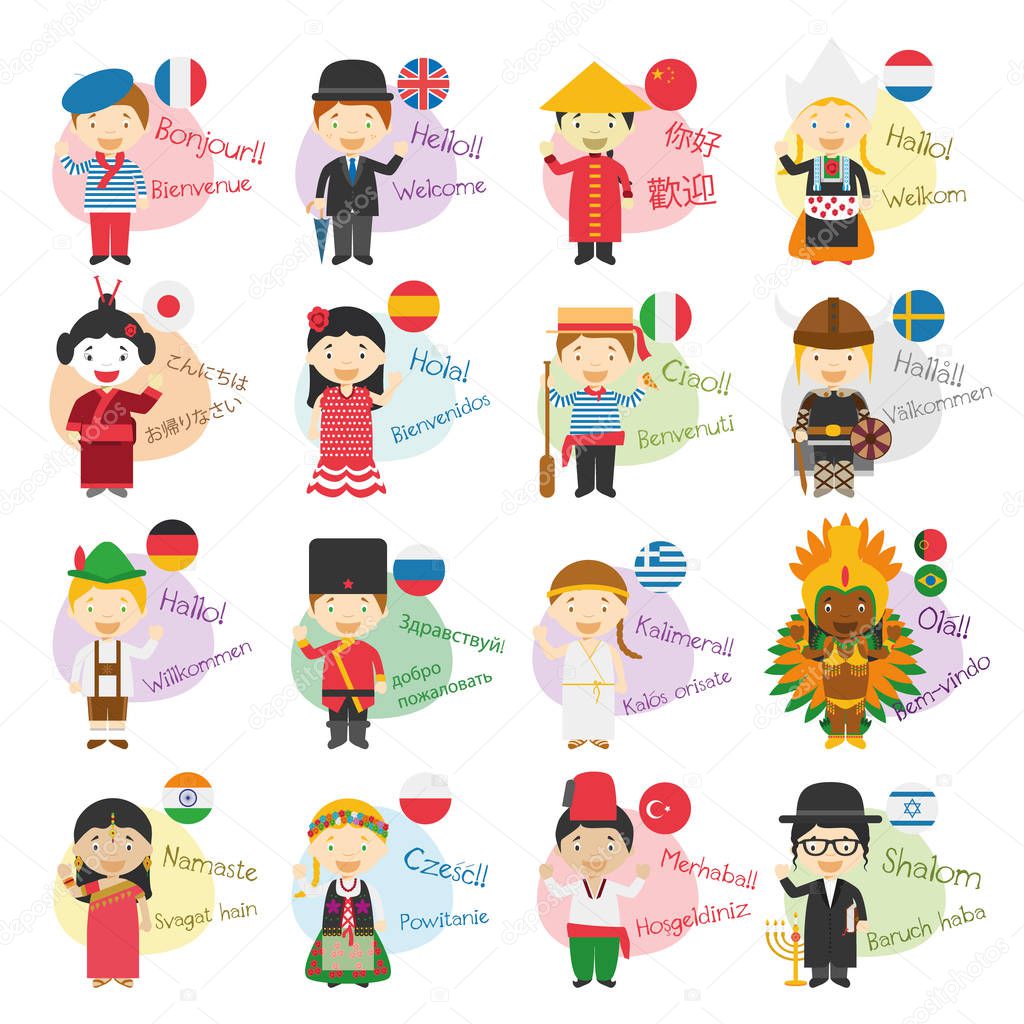 Vector illustration of cartoon characters saying hello and welcome in 16 different languages: english, french, chinese, japanese, spanish, german, italian, russian, hindi, dutch, sweden, greek, polish, turkish, hebrew and portuguese or brazilian.
