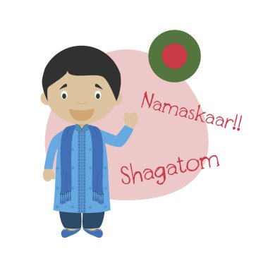 Çizgi film karakteri Merhaba illüstrasyon vektör ve Bengalce hoş geldiniz