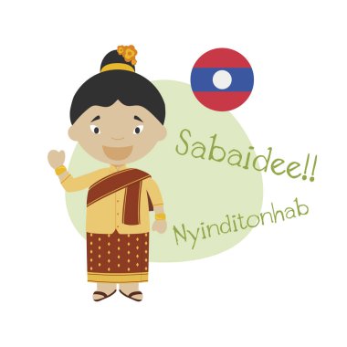 Çizgi film karakteri Merhaba illüstrasyon vektör ve Lao içinde hoş geldiniz