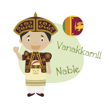 Çizgi film karakteri Merhaba illüstrasyon vektör ve Tamil içinde hoş geldiniz
