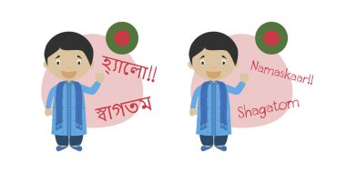 Çizgi film karakterleri Merhaba demek Illustration vektör ve Bengalce veya Bangla ve onun çevirisi latin alfabesi içine hoş geldiniz