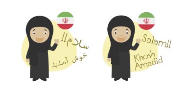 Çizgi film karakterleri Merhaba demek Illustration vektör ve Farsça ya da Farsça ve onun çevirisi latin alfabesi içine hoş geldiniz