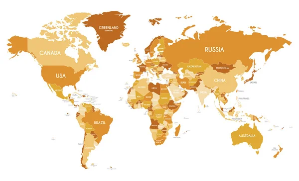 それぞれの国のためのオレンジのさまざまなトーンの世界地図ベクトル イラストの政治 編集可能な明確にラベル付けされたレイヤー — ストックベクタ