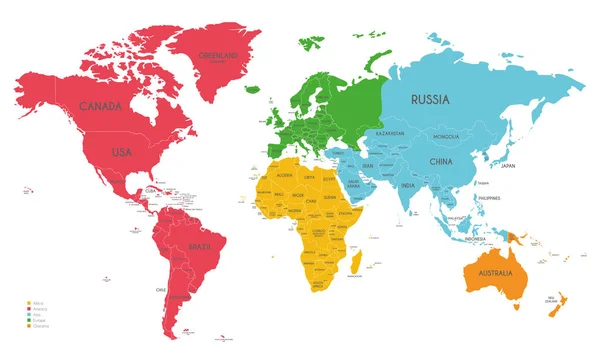 Polityczna Mapa Świata Wektor Ilustracja Różnych Kolorów Dla Każdego Kontynentu — Wektor stockowy