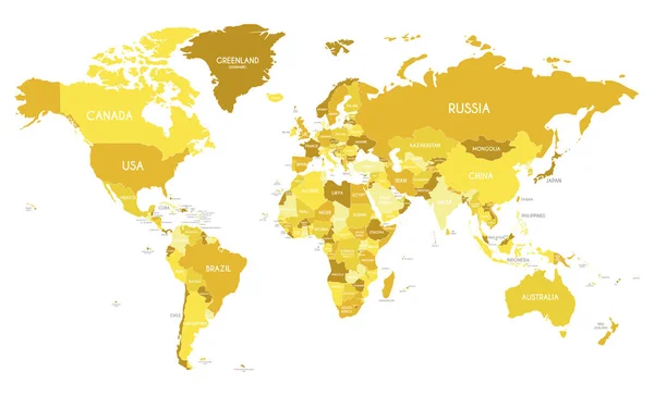 Ilustración Vectorial Del Mapa Mundial Político Con Diferentes Tonos Amarillo — Vector de stock