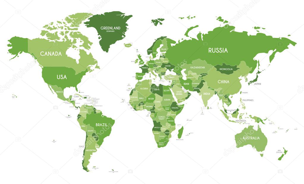 Political World Map vector illustration with different tones of green for each country. Editable and clearly labeled layers.