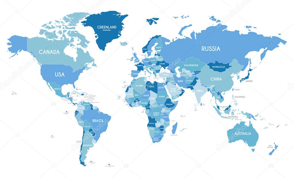 Political World Map vector illustration with different tones of blue for each country. Editable and clearly labeled layers.