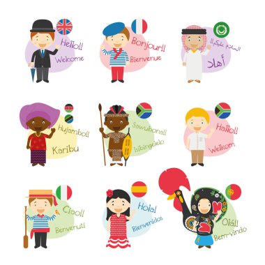 Vector illustration set of cartoon characters saying hello and welcom in 9 languages spoken in Africa clipart