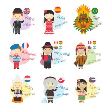 Vektör çizim karikatür karakter geldini Amerika'da konuşulan 9 dilde ve merhaba demek ayarla