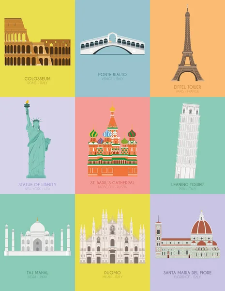 Affiche Design Moderne Avec Fond Coloré Neuf Monuments Importants Monde — Image vectorielle