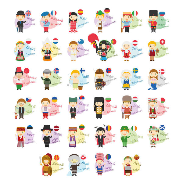 Векторный набор иллюстраций героев мультфильмов, говорящих hello и welcom на 34 языках, на которых говорят в Европе
