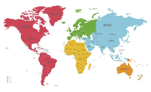 Siyasi Dünya Harita Illüstrasyon Her Kıtanın Için Farklı Renkler Ile — Stok Vektör