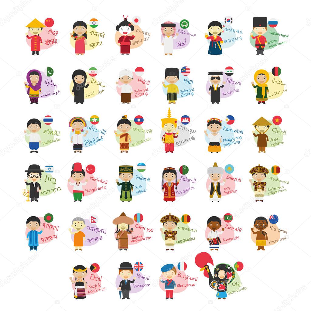 Vector illustration set of cartoon characters saying hello and welcom in 34 languages spoken in Asia and Oceania