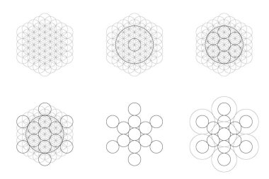 Set of geometrical elements and shapes. Sacred Geometry Flower of Life and Metatrons Cube transition. Vector designs clipart