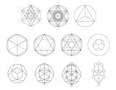 Set of geometrical elements and shapes. Sacred Geometry Metatrons Cube development. Vector designs clipart