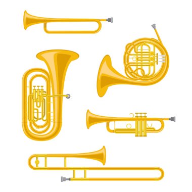 Vector illustration set of brass musical instruments in cartoon style isolated on white background clipart