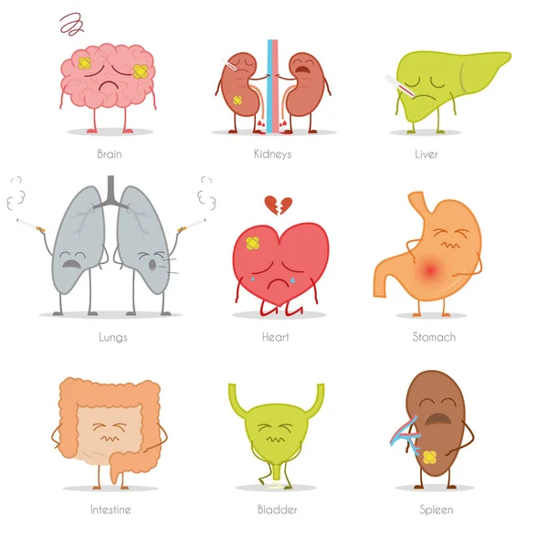 Set Van Ziek Menselijke Organen Cartoon Stijl Hersenen Nieren Lever — Stockvector