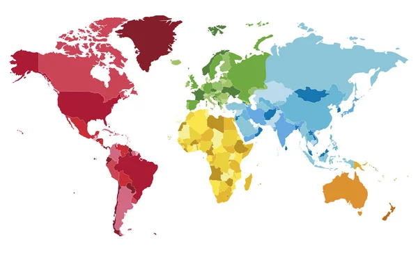 Політично Чиста Карта Світу Векторні Ілюстрації Різними Кольорами Кожного Континенту — стоковий вектор
