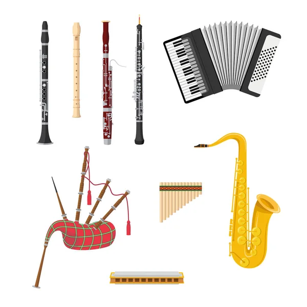 Vector Illustratie Set Muziekinstrumenten Van Houtblazers Cartoon Stijl Geïsoleerd Witte — Stockvector