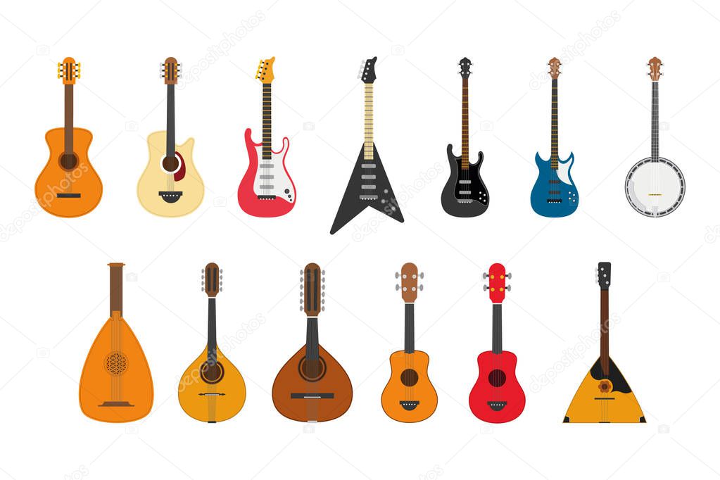 Vector illustration set of string instruments playing by plucking the strings
