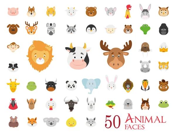 Conjunto Caras Animales Estilo Dibujos Animados — Vector de stock