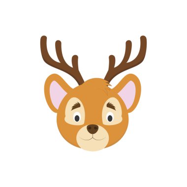 Çocuklar için karikatür tarzı geyik yüzüne. Hayvan yüzleri vektör çizim serisi