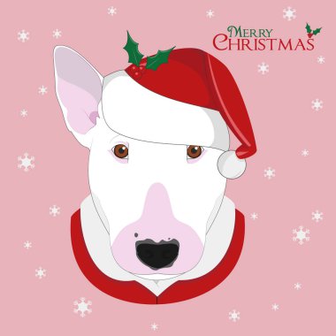 Noel tebrik kartı. Boğa korkunç köpek Noel Baba'nın kırmızı şapka ile