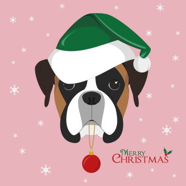 Noel tebrik kartı. Boxer köpek yeşil Noel Baba'nın şapka ve Noel oyuncak top