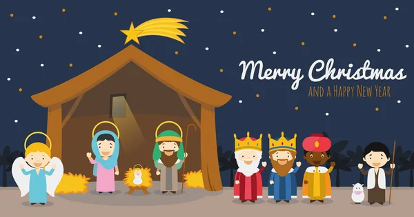 Christmas nativity scene with holy family, the three wise men and star of Bethlelem Vector background