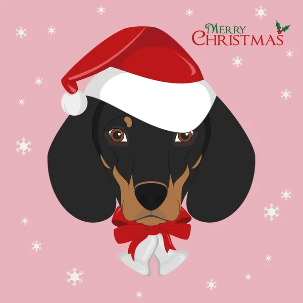 Weihnachtsgrußkarte Dackelhund Mit Roter Weihnachtsmütze Und Weihnachtsglocken — Stockvektor