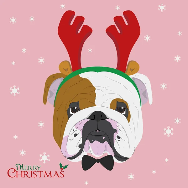 Weihnachtsgrußkarte Englische Bulldogge Mit Rentierhörnern — Stockvektor