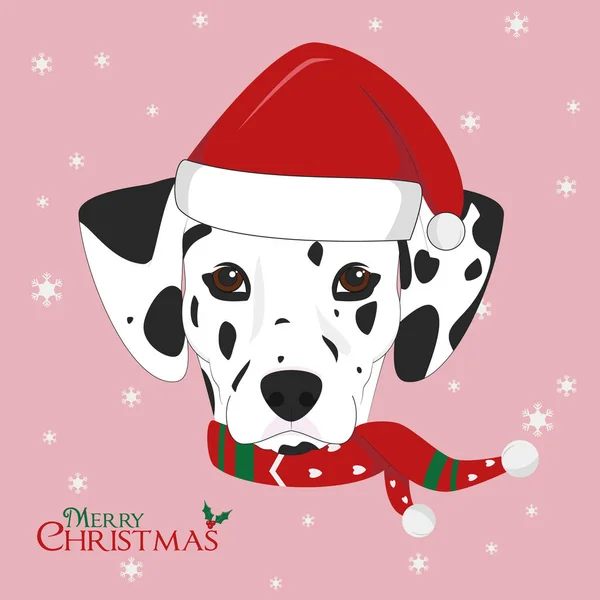 Cartão Natal Cão Dálmata Com Chapéu Papai Noel Vermelho — Vetor de Stock