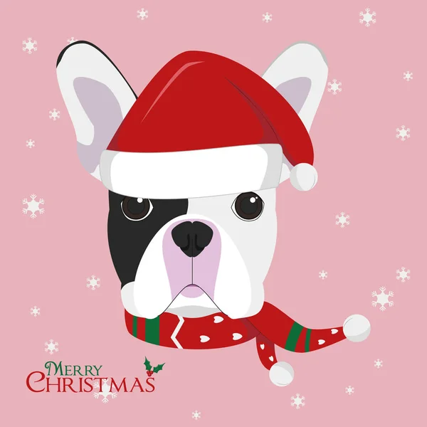 Cartão Natal Cão Bulldog Francês Com Chapéu Papai Noel Vermelho —  Vetores de Stock