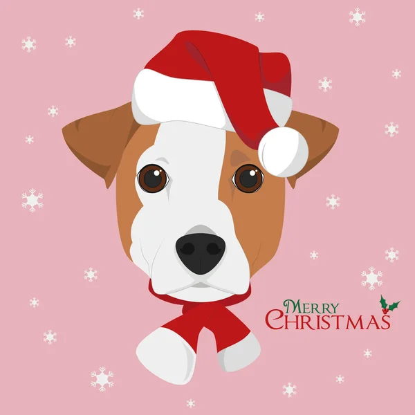 クリスマスのグリーティング カード 赤いサンタさんの帽子とジャック ラッセル犬 — ストックベクタ
