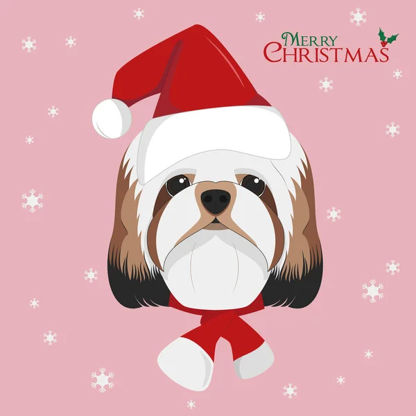 Christmas Greeting Card Shitzu Dog Red Santa Hat — Stock Vector