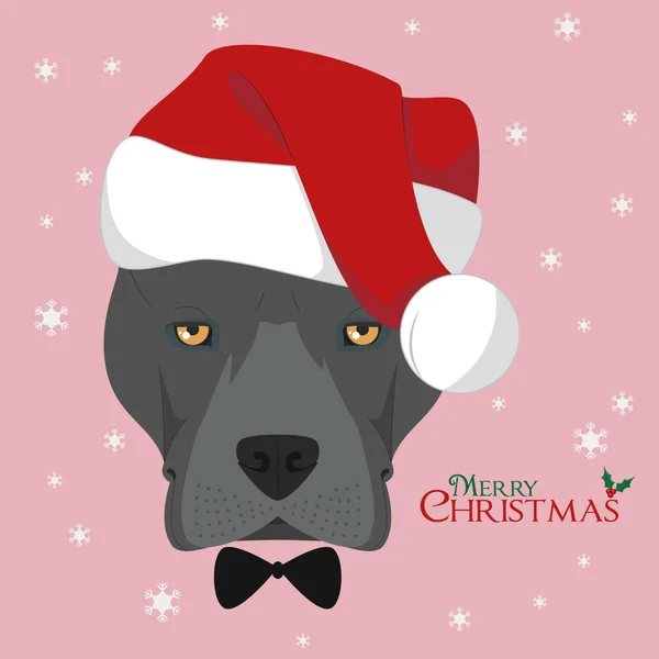 Christmas Gratulationskort American Staffordshire Terrier Hund Med Röd Santa Hat — Stock vektor