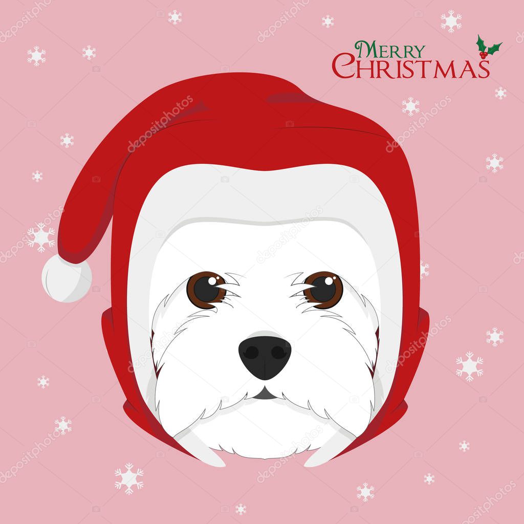 Christmas greeting card. West Highland White Terrier dog with red Santa's hat