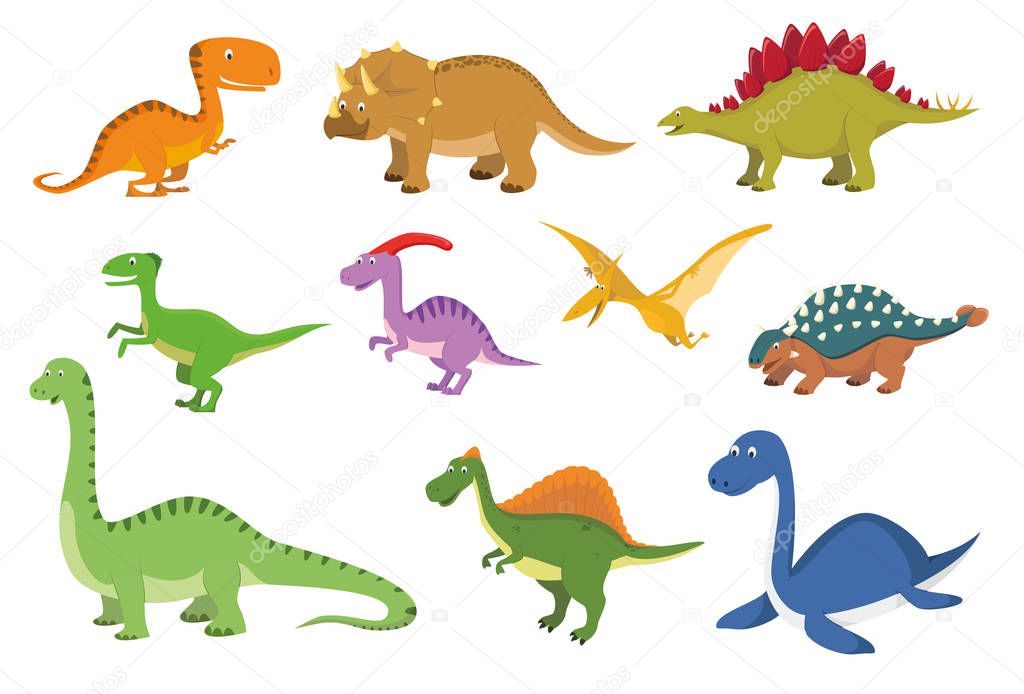 Set of 10 cute dinosaurs in cartoon style vector illustration