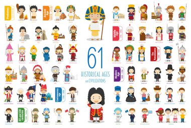 Çocuklar vektör karakterler Collection: 61 tarihsel yaş ve medeniyetler karikatür tarzı dizi.