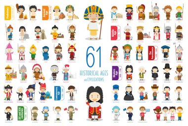 Kids Vector Characters Collection: Set of 61 Historical Ages and Civilizations in cartoon style. clipart