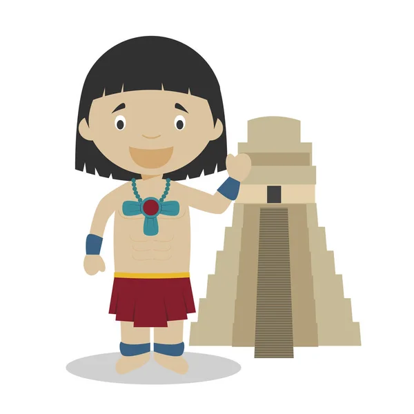 Personaje Dibujos Animados Mayas Con Templo Sagrado Típico Ilustración Vectorial — Archivo Imágenes Vectoriales