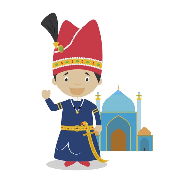 Shah Personnage Dessin Animé Empire Avec Mosquée Ispahan Illustration Vectorielle — Image vectorielle