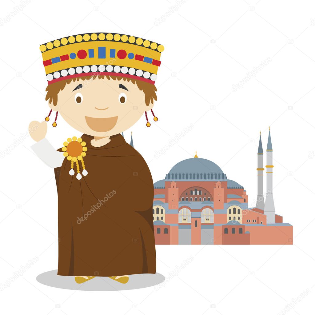 Byzantine cartoon character with Hagia Sophia. Vector Illustration. Kids History Collection.