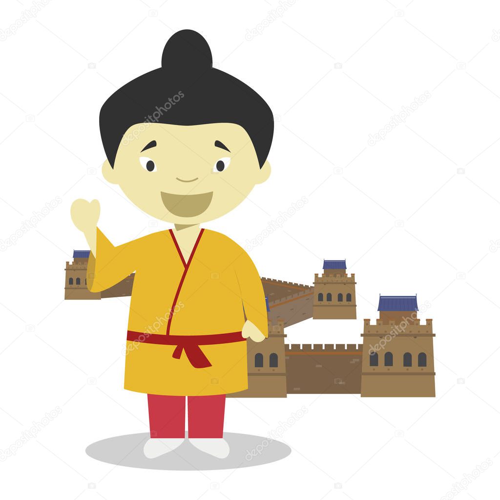 Chinese cartoon character with The Great Wall of China. Vector Illustration. Kids History Collection.