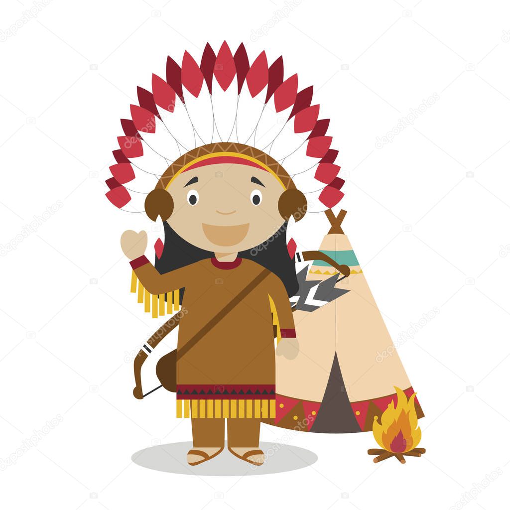 Native american cartoon character with a typical tepee. Vector Illustration. Kids History Collection.
