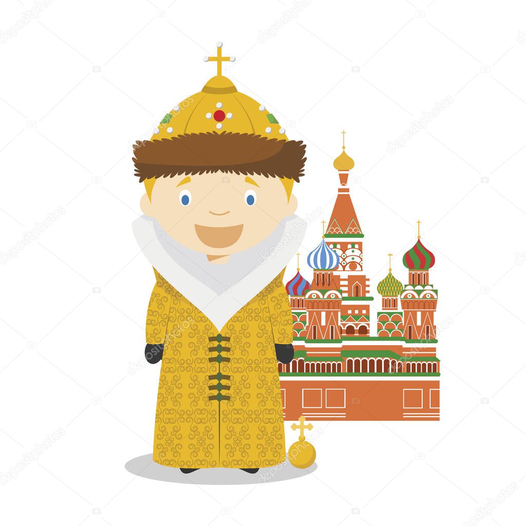Russian empire cartoon character with Saint Basils Cathedral. Vector Illustration. Kids History Collection.