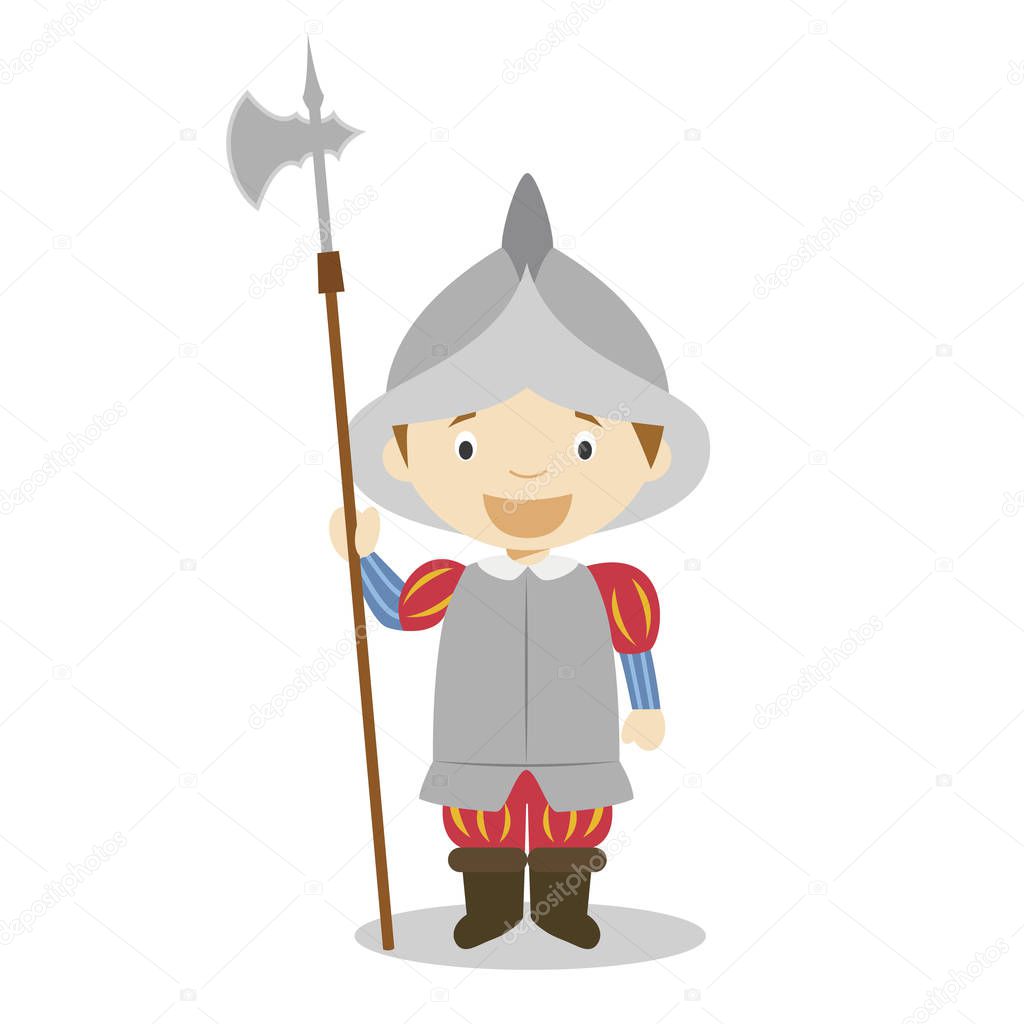 Spanish empire soldier cartoon character. Vector Illustration. Kids History Collection.