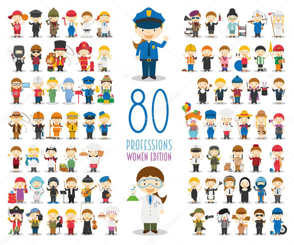 Kids Vector Characters Collection: Set of 80 different professions in cartoon style. Women Edition.